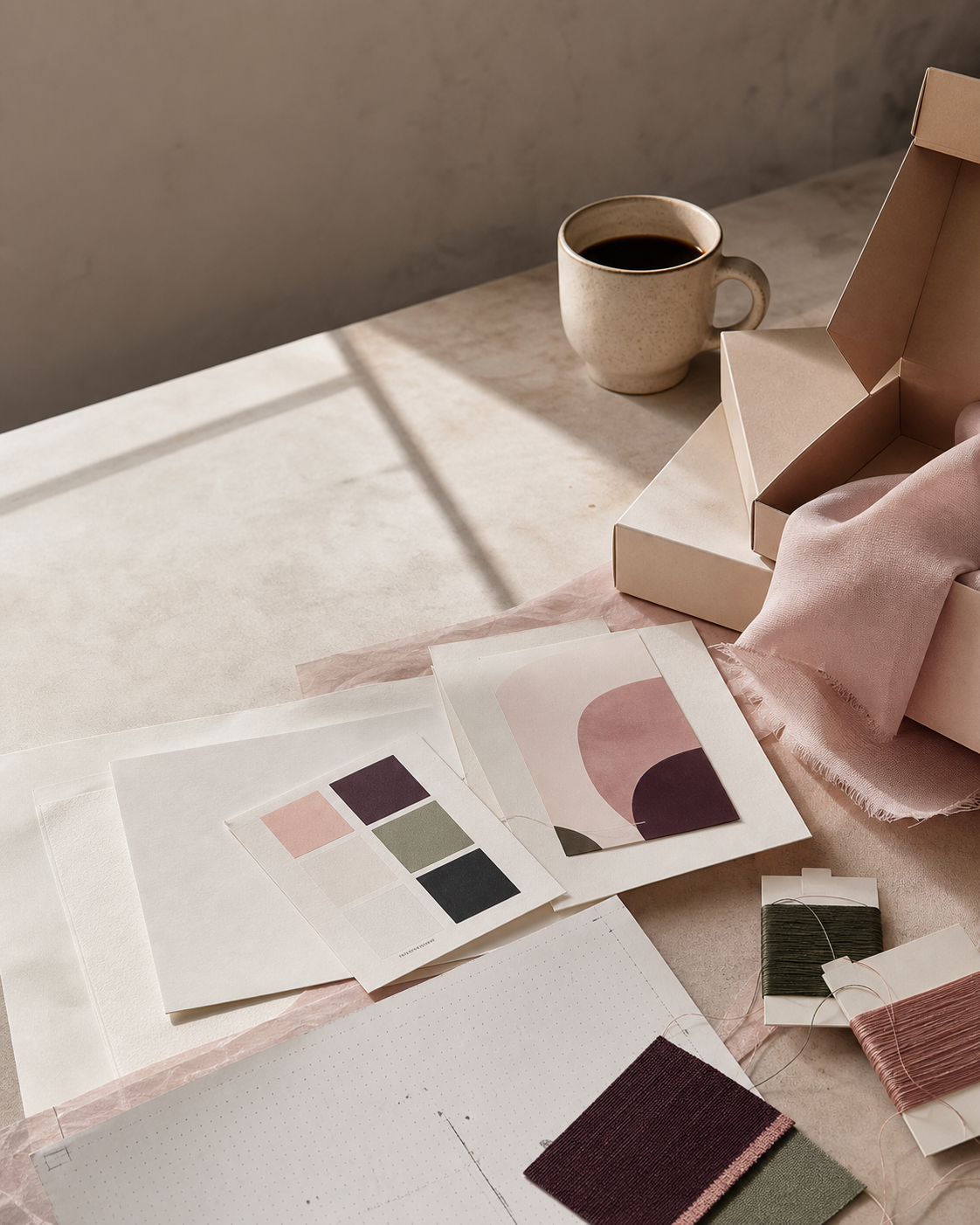 Editorial still life of layered papers, packaging, fabric, threads and print details in a design studio.