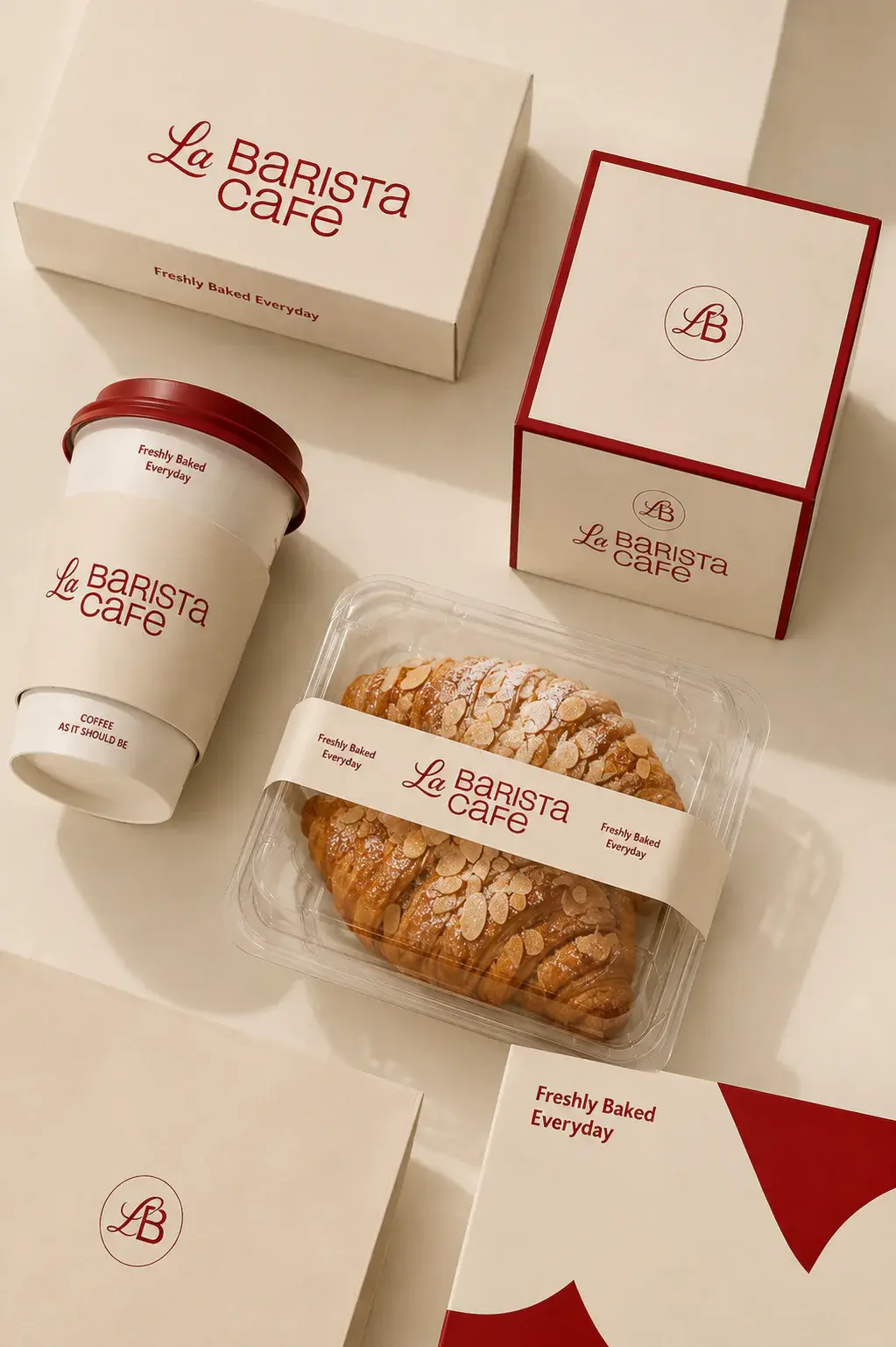 La Barista Cafe cups, pastry packaging and boxes arranged in warm sunlight.