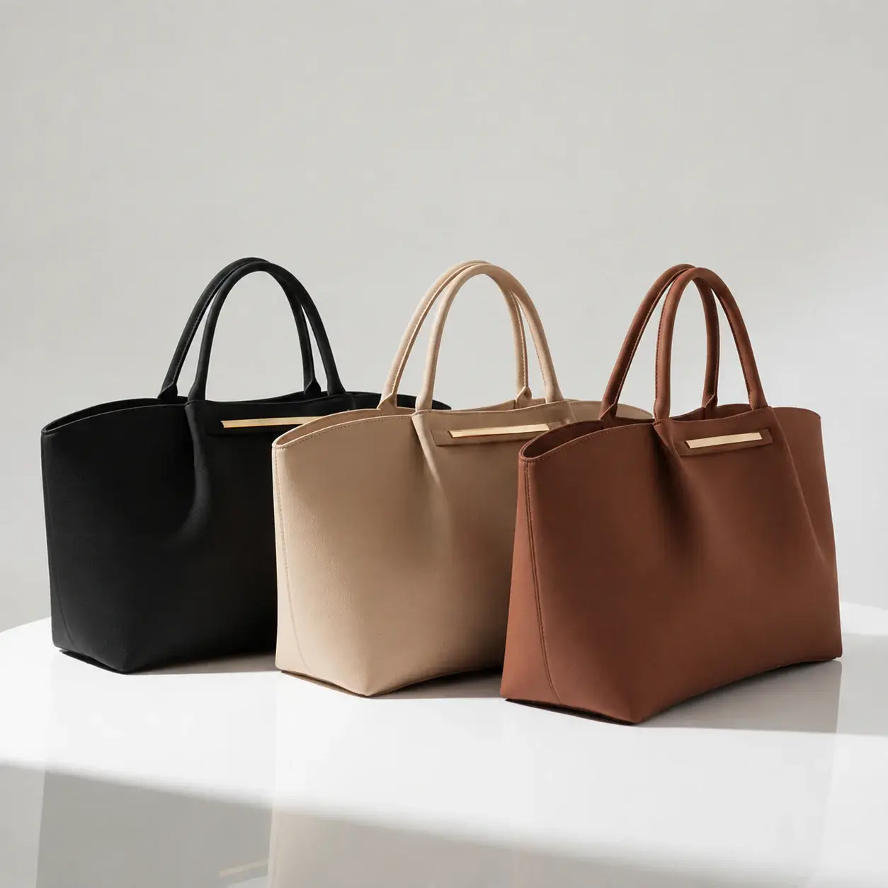 Three structured RIVA handbags in black, beige and warm brown on a white plinth.