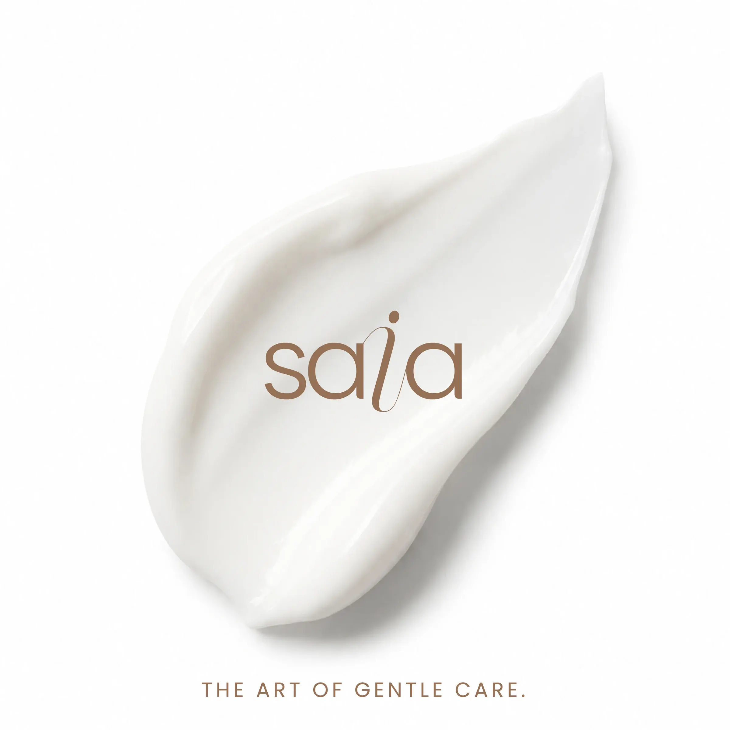 SAIA Skincare wordmark applied to a sculptural white cream texture with the line The Art of Gentle Care.