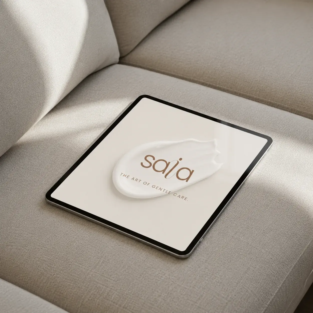Tablet showing the SAIA Skincare wordmark and cream graphic on a softly lit neutral sofa.
