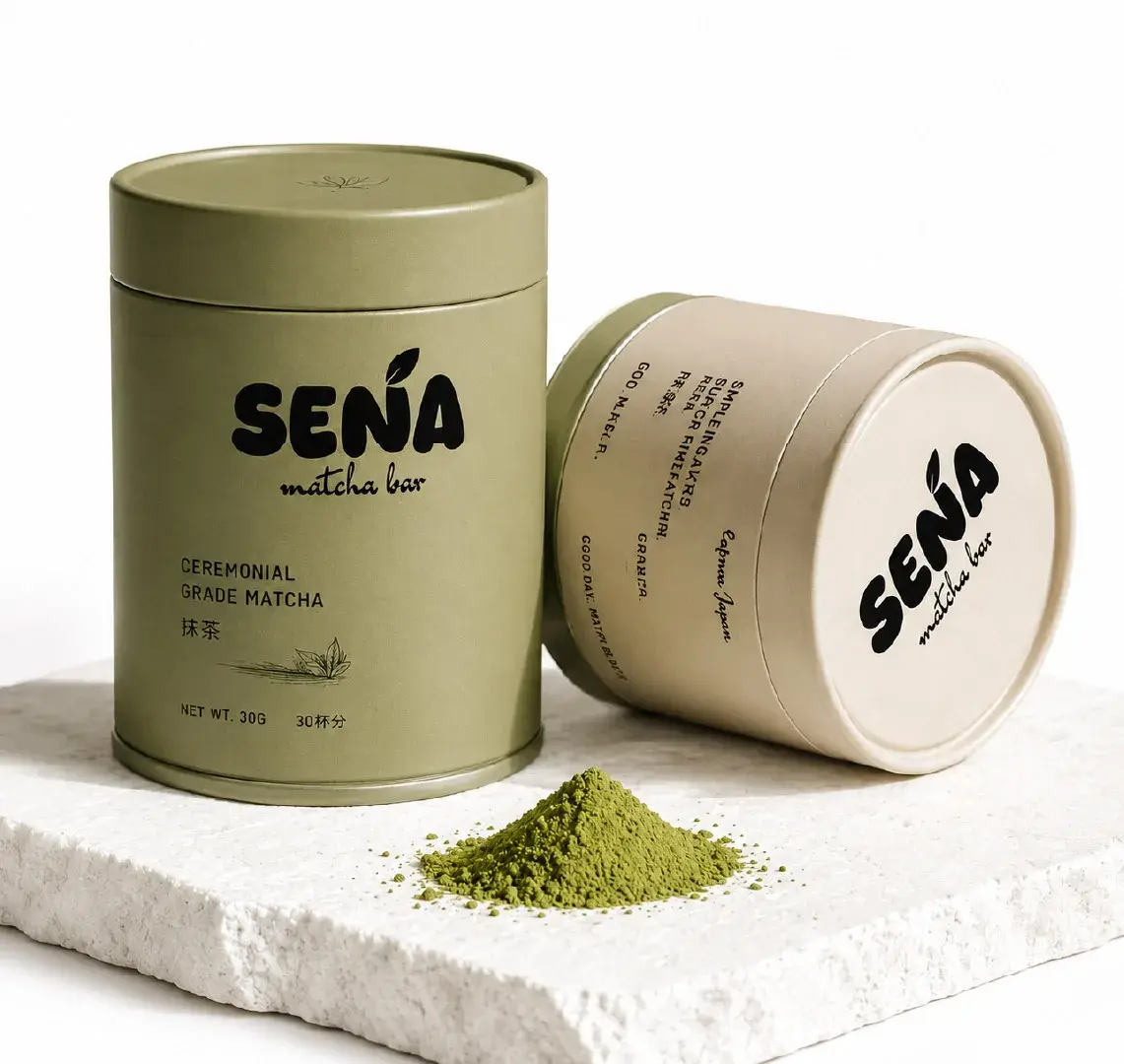 SENA Matcha Bar cylindrical matcha tins on a stone surface with matcha powder.