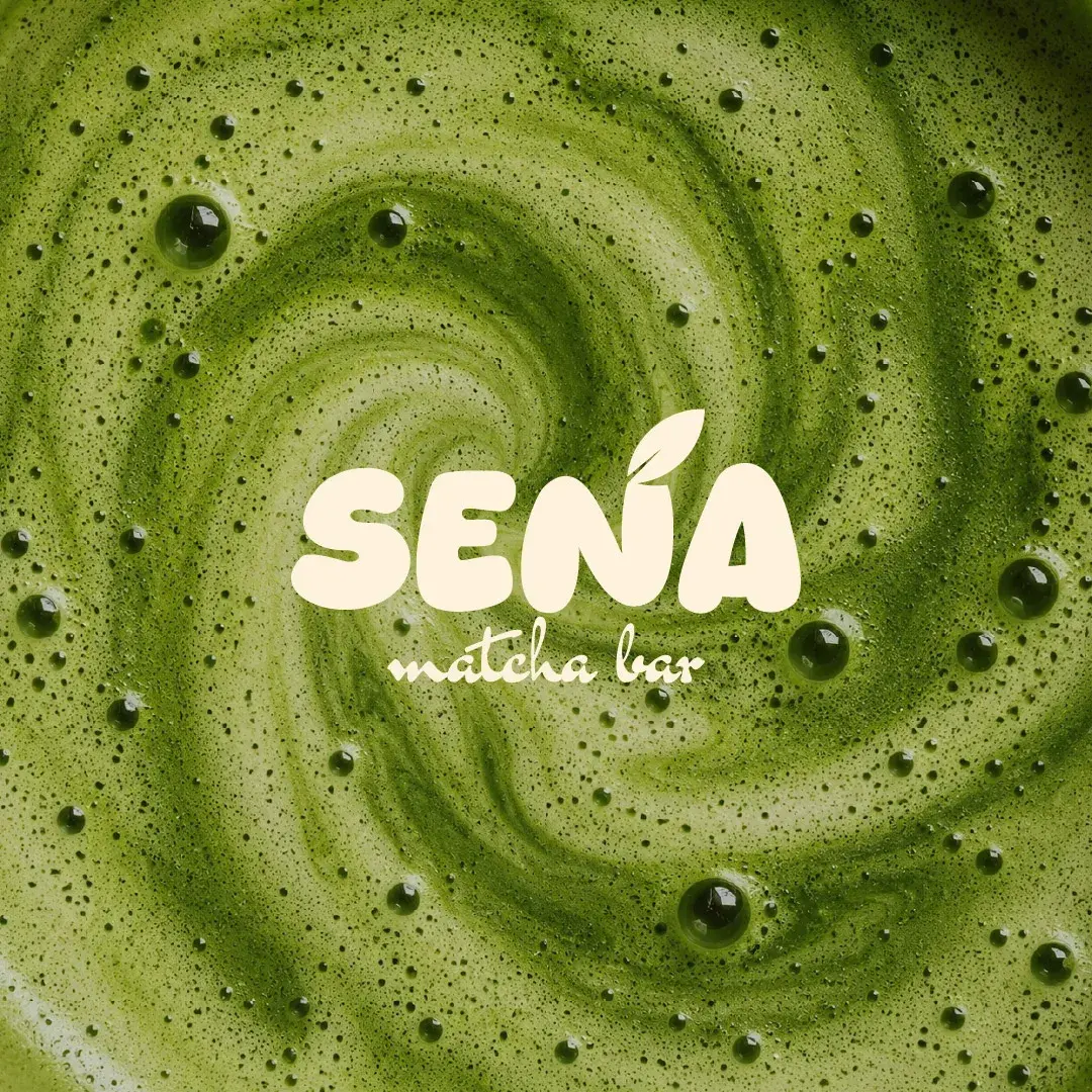 SENA Matcha Bar logo over a close-up swirling green matcha texture.