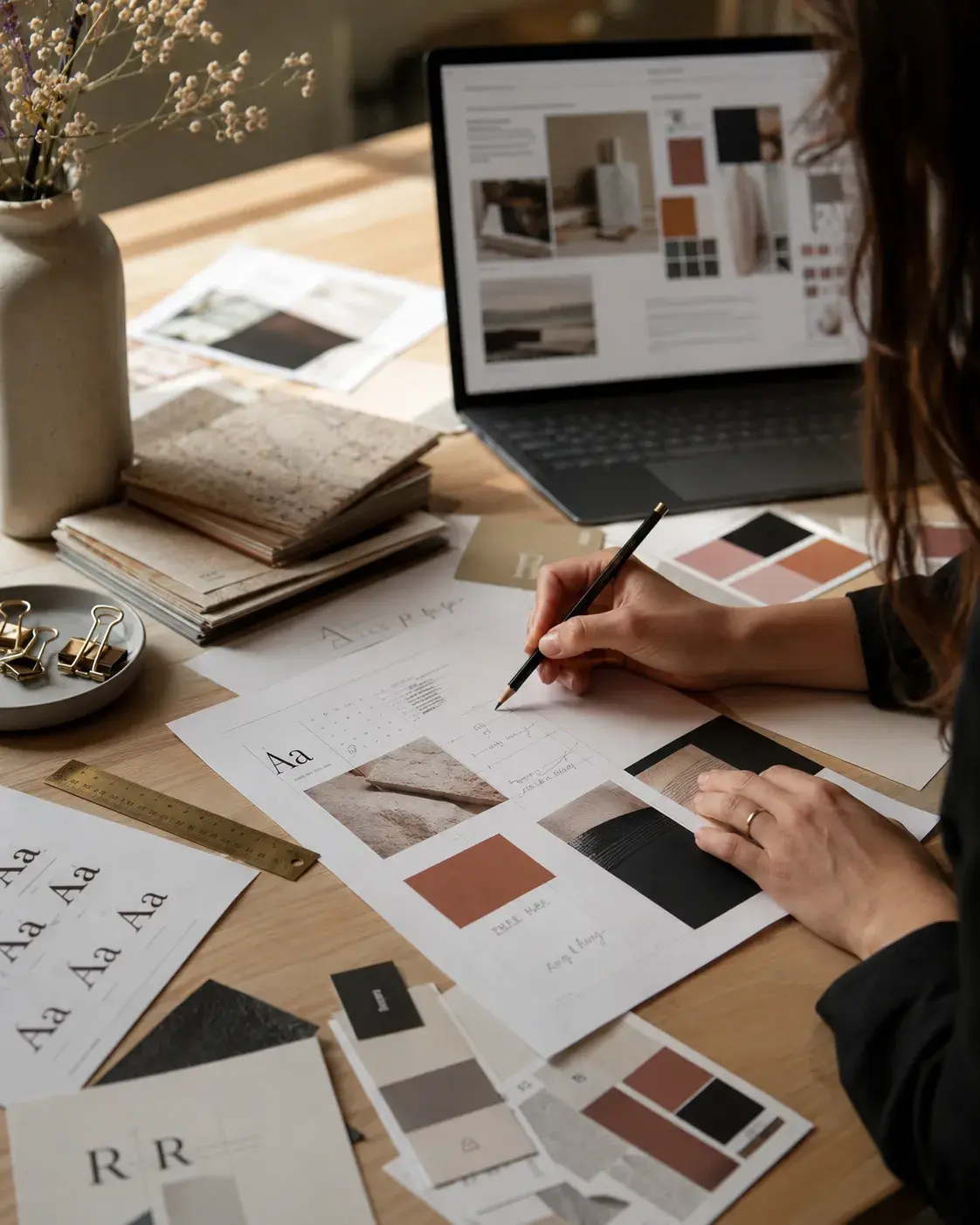 Designer reviewing brand materials, color references and digital moodboards at a studio desk.
