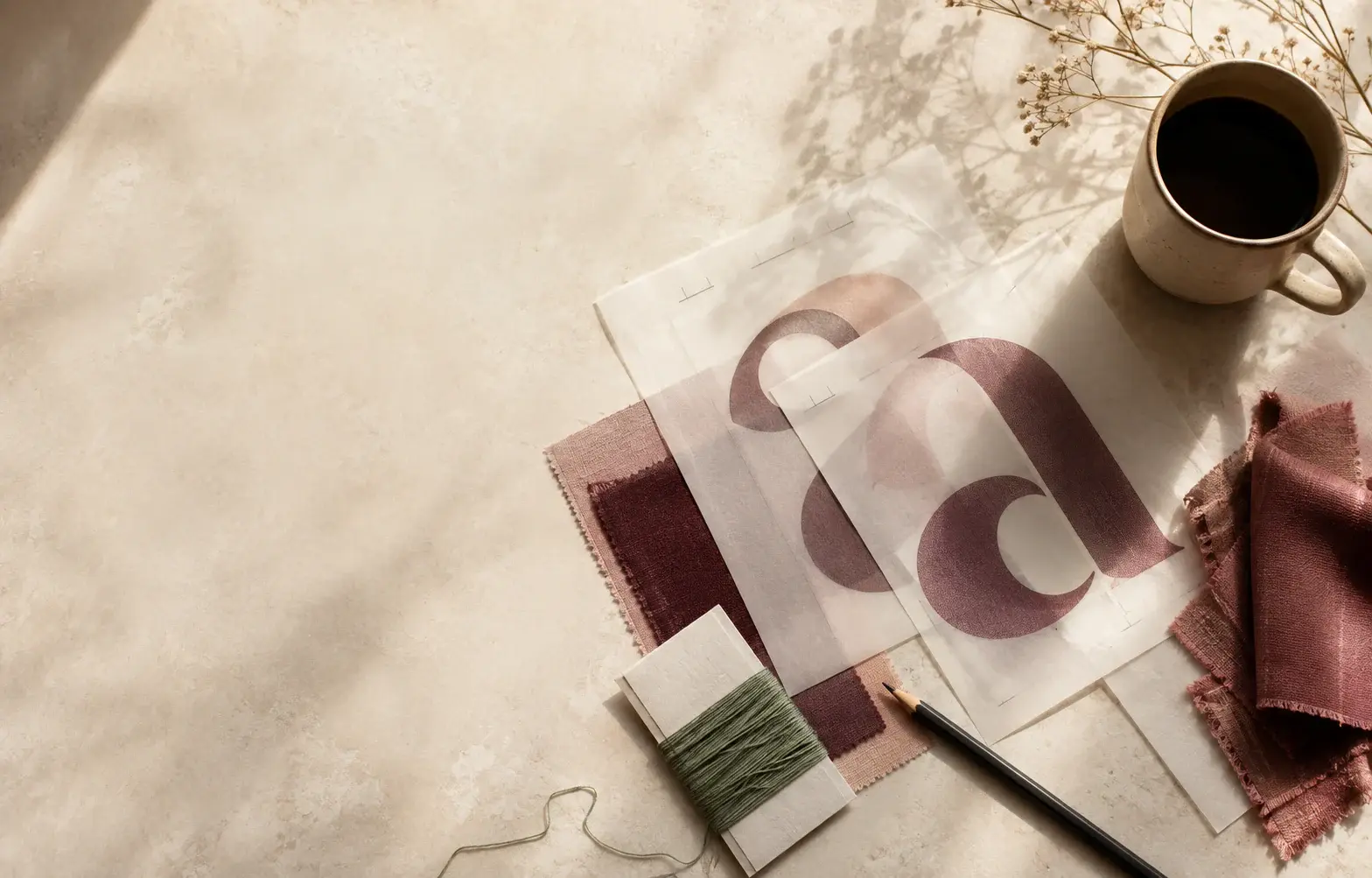 Warm editorial studio table with translucent letterform studies, textile swatches, binding thread, a pencil and ceramic coffee cup.