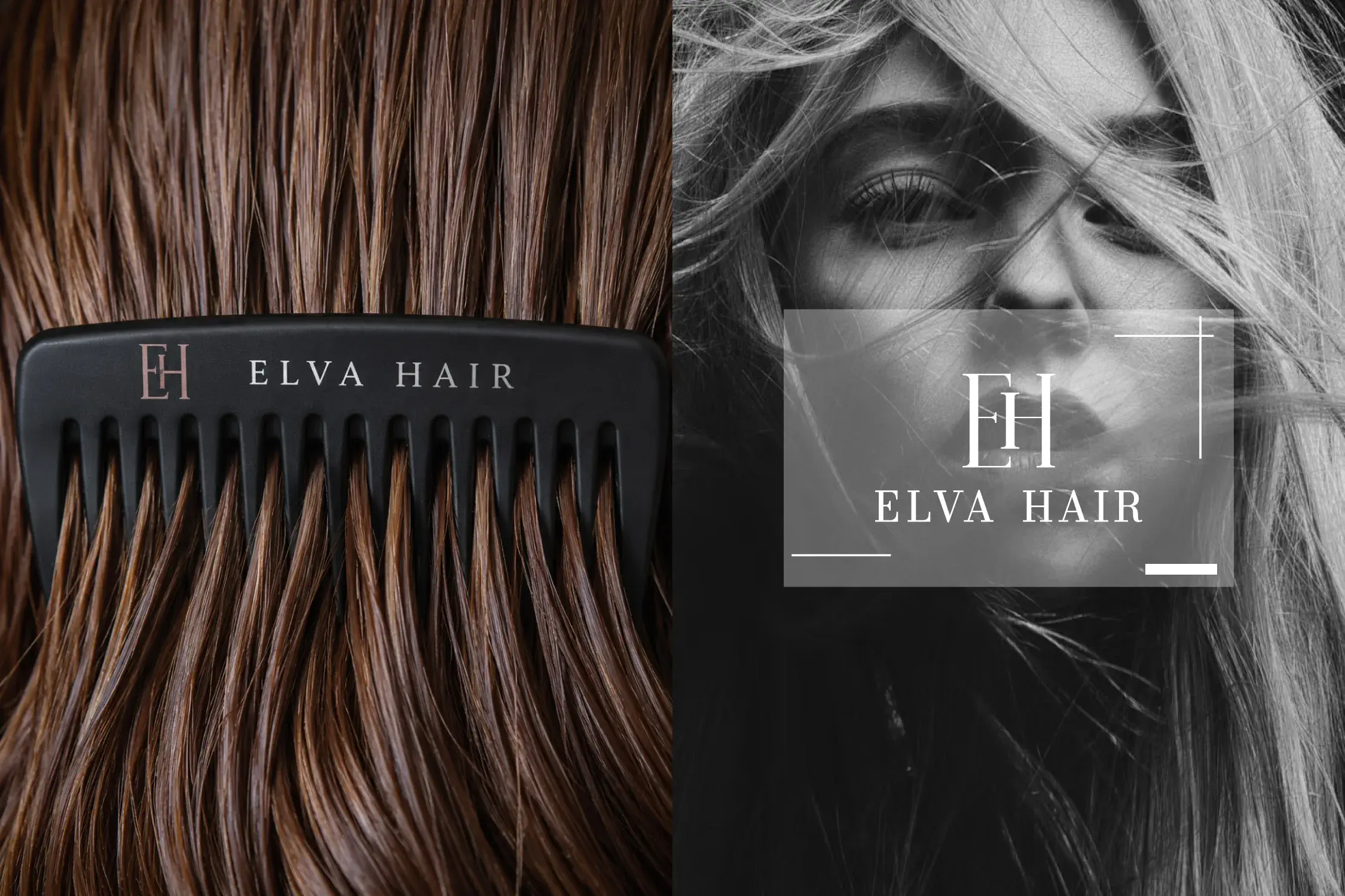ELVA Hair product and campaign mockup with branded comb, hair texture and monochrome portrait layout.