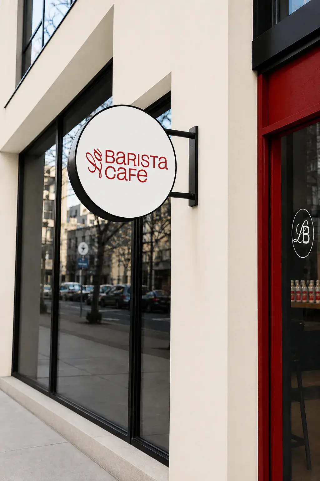La Barista Cafe round exterior sign beside a red-framed storefront entrance.