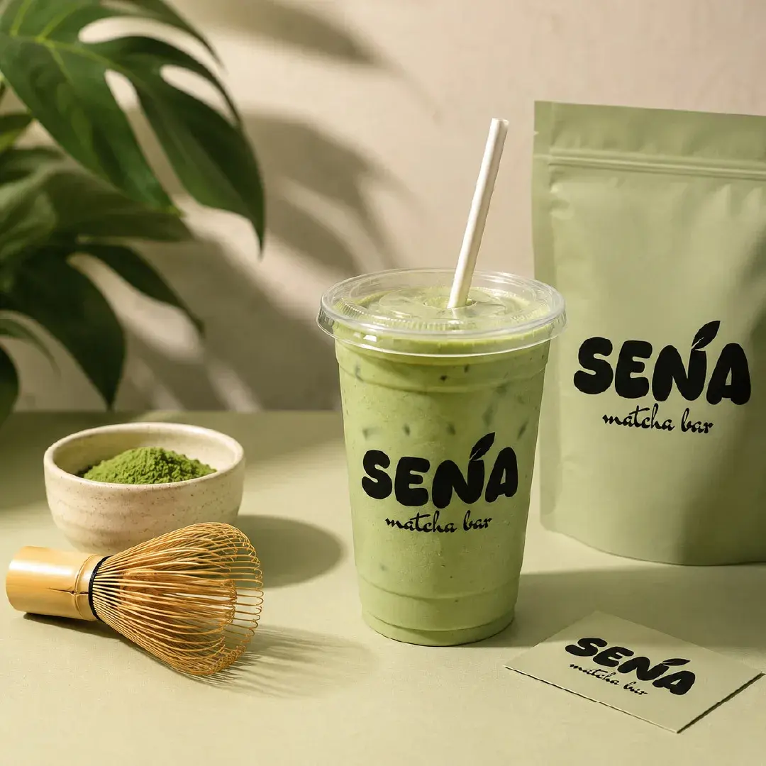 SENA Matcha Bar iced matcha cup, pouch, matcha whisk and powder arranged in natural light.