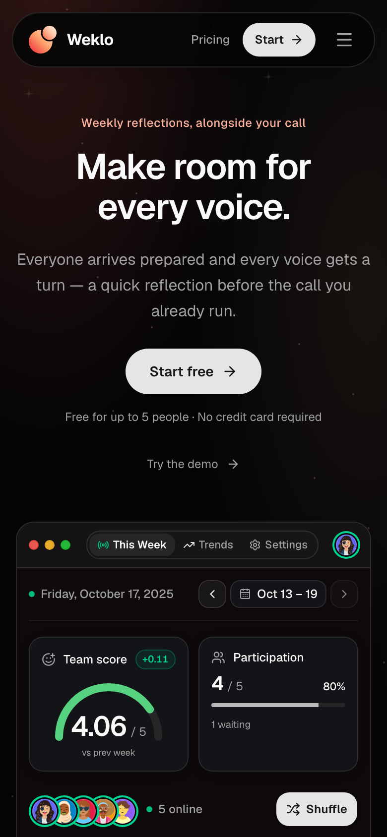 Weklo public website on a phone, showing the weekly reflections hero and the product demo.