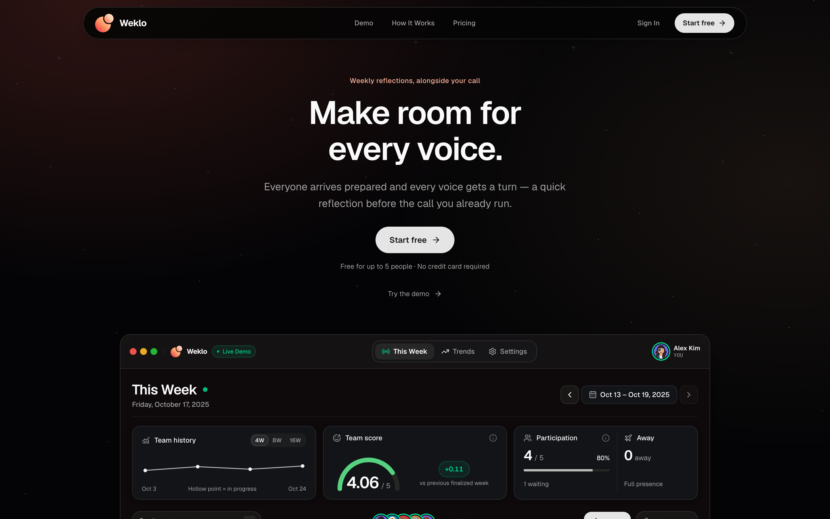 Weklo public website homepage with the line Make room for every voice and the weekly workspace demo.